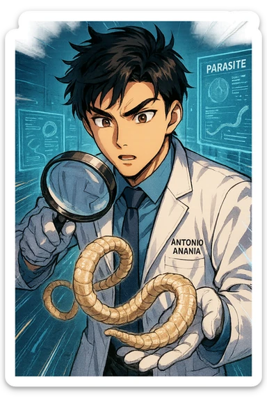 A dynamic manga/webtoon-style illustration of a young male kinesiologist wearing a clean white lab coat, analyzing light beige worms like a tapeworm under a magnifying glass. His expression is focused and slightly intrigued, with sharp, detailed eyes. The art style is vibrant, with bold linework, rich colors, and dramatic lighting. The background is a futuristic laboratory with glowing holographic screens displaying parasite data. The tapeworm is intricately drawn, slimy and segmented, with a slightly exaggerated yet realistic texture. The composition is dynamic, with motion lines or energy effects to emphasize his scientific investigation. The atmosphere is intense but not dark, keeping a balance between scientific seriousness and stylish manga aesthetics, he has "ANTONIO ANANIA" WRITTEN ON WHITE LAB COAT sticker