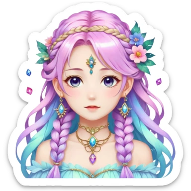 Beautiful gorgeous anime lady with beautiful iridescent-nebula-braided-hair, fashion aesthetic, ethereal, fairycore, pastelcore, feather, flowers, gems, accessories, jewelries, gold, colorful sticker