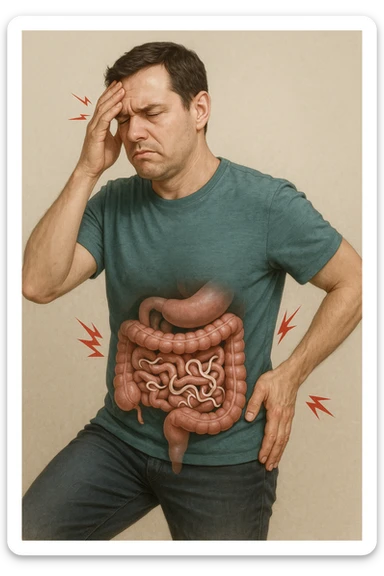 uomo che ignora i suoi un mal di testa, mal di schiena e dolore articolare e ignora ogni segnale e messaggio che il corpo manda per avvertirlo, ma alla fine dipendono tutto dai parassiti intestinali realistica sticker