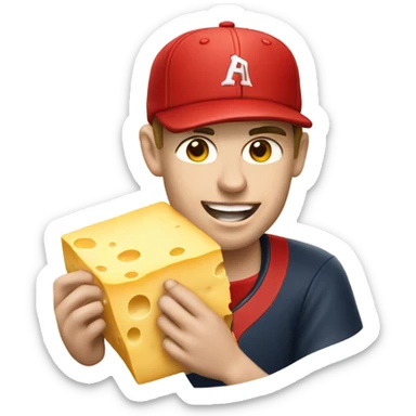 Caucasian Baseball player with red hat eating cheese sticker