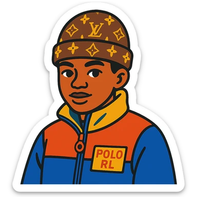 young person wearing a Louis Vuitton beanie and a Ralph Lauren Gorham jacket sticker