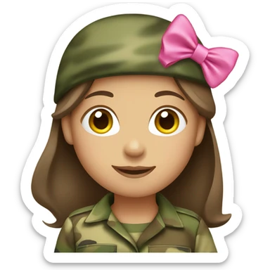 girl wearing camouflage saluting with pink bow on head and brown hair and heels on feet emoji sticker