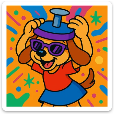 Add a vibrant, colorful background behind the playful puppy girl character holding a nail-themed hat above her head, wearing sunglasses that are half purple. Keep the fun, expressive cartoon style. sticker