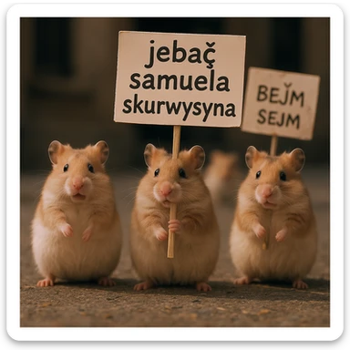 Cinematic shot of a group of hamsters takes over polish sejm. some of them has signs with "jebać samuela skurwysyna". sticker