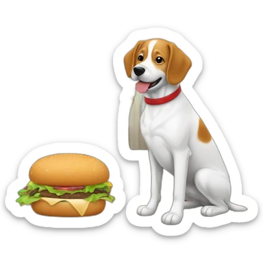 chien qui mange un hamburger avec un chien sur le canapé dans une maison avec une fenêtre en arrière plans  sticker
