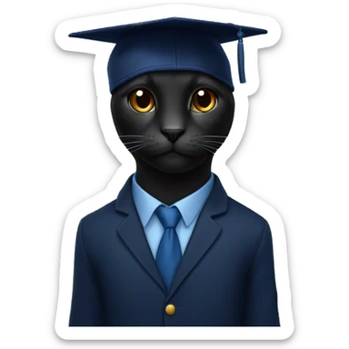 The student is a black wool cat in a dark blue suit and a square academic dark blue cap sticker