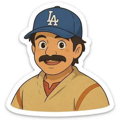 ghibli style Mexican character with Dodgers hat, friendly expression sticker
