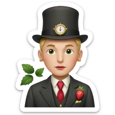 Pretentious cartoon strawberry in a tailored charcoal three‑piece suit, leaf‑cap styled like a pompadour, gold‑stud seeds, sugar‑glass monocle, licorice cane, smug expression; clean vector style, flat shading, cream background, rich crimson/forest‑green palette, 3/4 view, elegant lighting.
 sticker