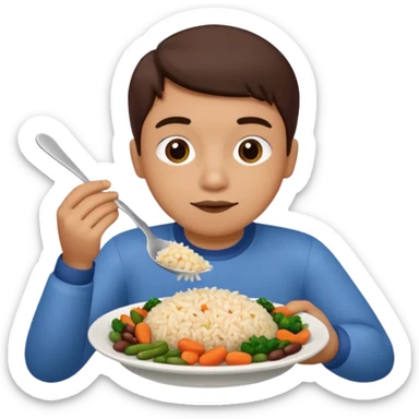 Create a person having lunch. Not a sandwich. Rice, beans, vegetables and chicken. sticker