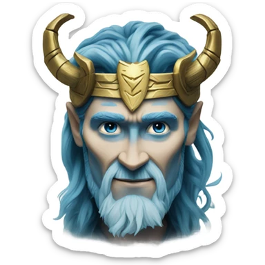 Frost giant Loki with tom Hiddleston face from Thor 1 blue skin with deeper blue runas on it, black hair, Gold crown with horns sticker