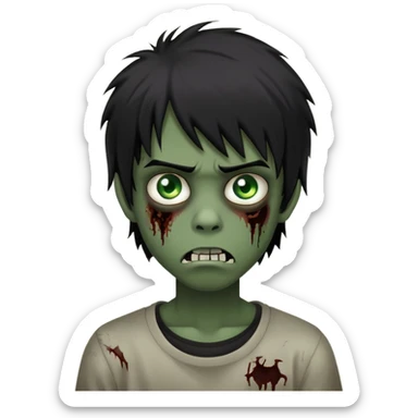 Boy, zombie, black hair, medium long, emo, shaggy, dark, spooky, creepy expression, green eyes sticker