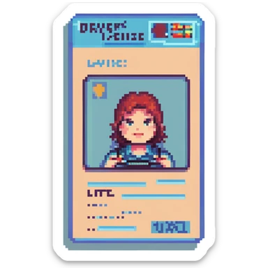 A driver's license designed as a pixel art image with blocky, retro graphics. sticker
