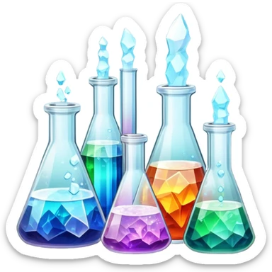 A set of colorful growing crystals in various stages of development, surrounded by beakers and jars with chemical solutions. Light shining on the crystals creates a dazzling glow. Background of a clean, well-lit workspace with scientific tools and equipment. Transparent background. sticker