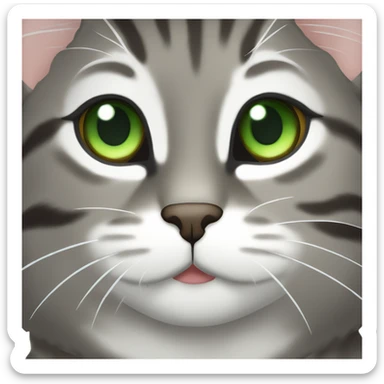 grayish brown tabby cat with green eyes and white muzzle and chin sticker