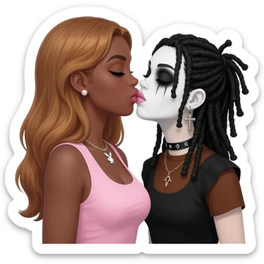 (Bimbo, pearl earrings stud, Light pink cute lips, long middle part with long honey brown hair, dark brown skin, playboy necklace with lashes, light pink sleeveless shirt, kissing the goth black girl with brown skin, cross earrings, ankh necklace with black dreadlocks with white paint on face sticker