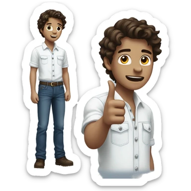 white boy pointing to the sky, dark brown wavy hair, wearing blue jeans overals and white shirt, half body, view from behind sticker