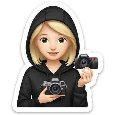 Young female, holding camera, black hoodie sticker
