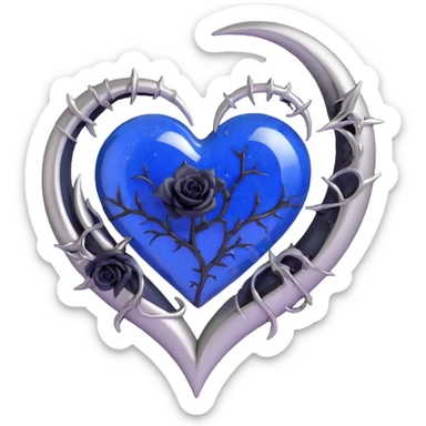 gothic heart in deep blue glass, featuring a silver crescent moon, black rose accents, sparkling stardust, lightning bolt crack, wet glossy finish, fractured glass details sticker