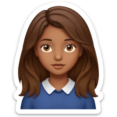 A girl with brown eyes and brown slightly wavy shoulder length hair and a center part sticker