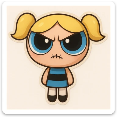 Add a stitched mouth and angry, furrowed brows to the character, maintaining the original cartoon style and quality. sticker