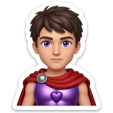 Liber from Roman Mythology with purple eyes, dark brown hair, purple heart metallic tunic, red metallic cloak sticker