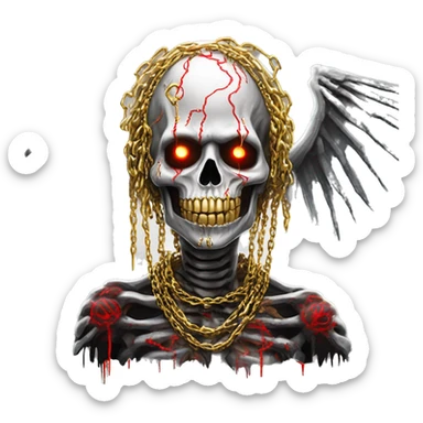 White skeleton zombie person covered in golden chains and black graffiti scribbles and red and silver doodles wings made of neon lightning snowing snowflakes sticker