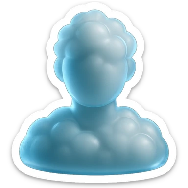 a bust of a person made up of only white, fluffy, protruding clouds, facing forward, in matte glass style sticker