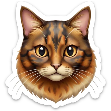 Cinematic Noble Tortoiseshell Cat Portrait Emoji, Poised and dignified, showcasing a luxurious, mottled fur of rich browns and blacks, with elegantly arched whiskers and a determined yet gentle expression, simplified yet meticulously detailed, glowing with a subtle, regal radiance, high shine, embodying quiet nobility and refined charm, soft glowing outline, capturing the essence of a sophisticated tortoiseshell cat exuding quiet authority! sticker