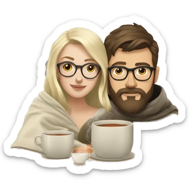 Pale blonde girl wearing glasses drinking tea under blanket with bearded brunette man sticker