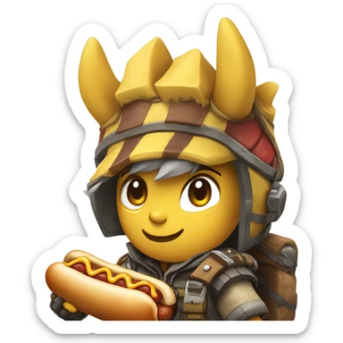 monster hunter eating a hotdog with mustard sticker