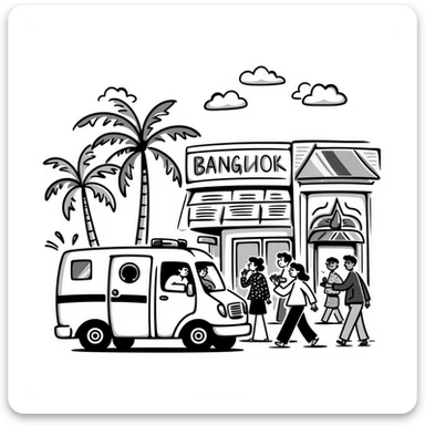 Busy Bangkok hospital exterior with ambulance and Thai architectural details sticker