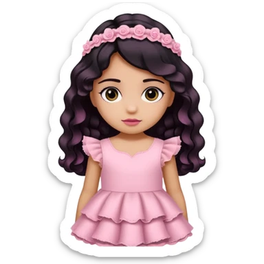 Una niña con un vestido rosa pastel con volados y encajes con cabello negro medio ondulado y dos moños como accesorio de cabello. ojos negros  sticker
