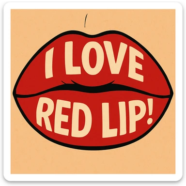 close-up of closed lips with vibrant matte red lipstick, bold and graphic, with the phrase 'I love red lip!' incorporated sticker