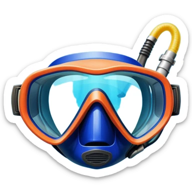 An icon featuring a close-up of a diving mask, snorkel, and fins floating on the surface of vibrant blue water. In the background, coral reefs and tropical fish create a lively underwater scene. Transparent background highlights the beauty and adventure of the diving experience. sticker