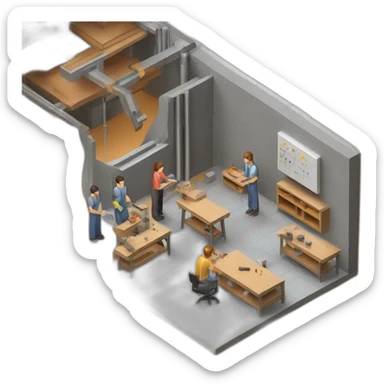 isometric teacher with student woodshop metalshop people teaching tools simple brutalist industrial makerspace concrete close up  sticker