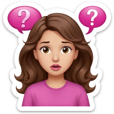 girl with long wavy brown hair, brown eyes, light to medium complexion, in a pink shirt, pink lips, long lashes, confused, question mark speech bubble sticker