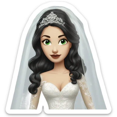 Hyper Realistic ornate ballgown long sleeve Wedding dress with diamanté on Russian bride with pale skin and green eyes and long black hair with veil hyper realistic  sticker