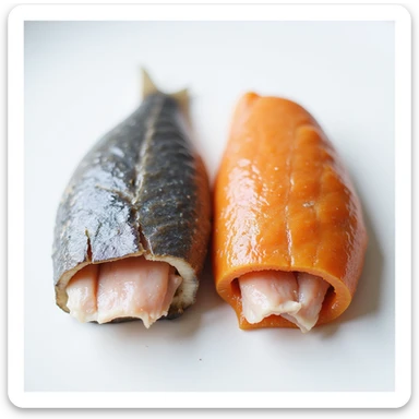 two whole fish (one gray, one orange) cut in half to show the difference in flesh color inside, photographic style, 4K resolution sticker