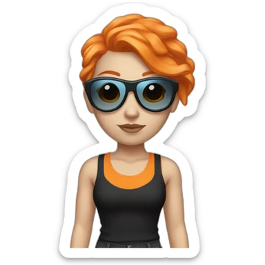 White girl with orange hair, futuristic sunglasses, light blue tank top and black pants sticker