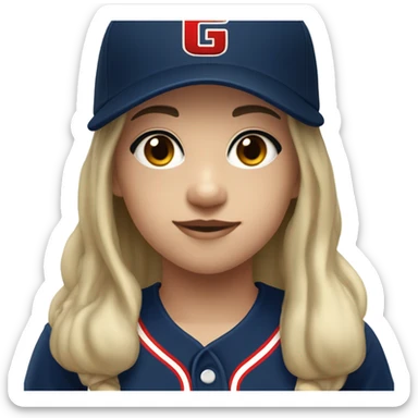 Black long hair and white skin girl wearing navy ballcap emblazoned with a red G initial and wearing baseball uniform sticker
