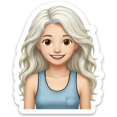 woman with wavy long white hair and brown eyes. smiling in a grunge tanktop. pale skin. sticker