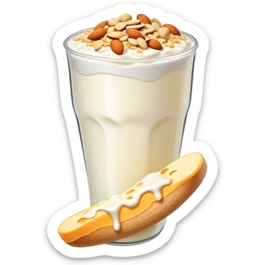 A large white leg bone clearly floating in the center, very prominent and glowing. Around it at a distance are separate calcium-rich foods: yogurt cup, pile of shredded cheese, almonds, and sesame seeds. sticker