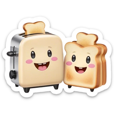Cute Kawaii Toaster, tiny and square, soft pastel cream with a happy smile, chubby cheeks, two little toast slices popping out, giggling in excitement! sticker