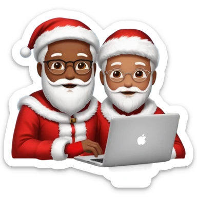 Jeune développeur homme de teint noir, assis devant un ordinateur portable affichant du code, dans une ambiance de week-end festive. À côté de lui se tient le Père Noël, souriant, portant sa tenue traditionnelle rouge et blanche.  sticker