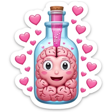 A cartoon brain inside a cute glass bottle with pink liquid, labeled “obsessed”, with hearts and sparkles swirling around. sticker
