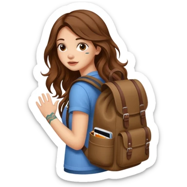 cute woman long wavy brown hair tattoos hiding in backpack sticker
