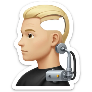 Male, no glasses, blonde hair, right side of hair shaved with a machine. sticker