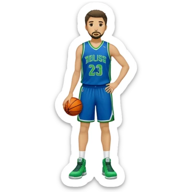 Full Body white male basketball player with short dark shaggy hair and goatee wearing blue and green uniform sticker