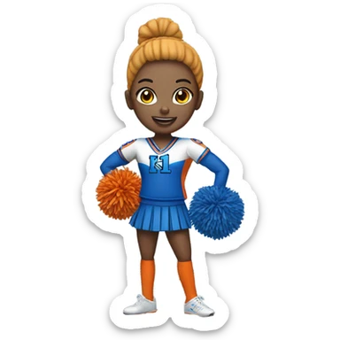 Cheerleader with orange and blue Pom poms  in her hand and a “K1 “on Uniform sticker