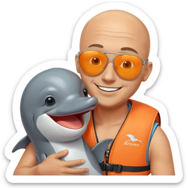 bald man smiling with sunglasses over his head and orange life vest hugging and kissing a dolphin sticker